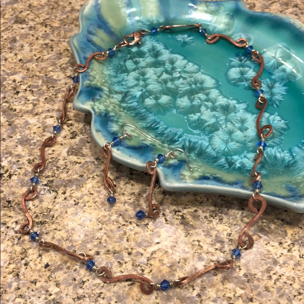 Hammered Copper and Blue Crystal Necklace & Earrings